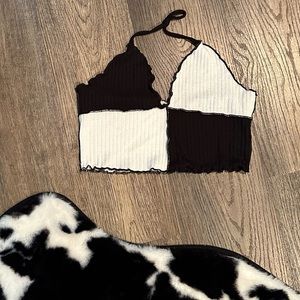 Black and white checkered crop halter top